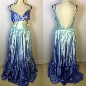 New! Sunfere Ethel Cut-out Gradient Maxi Slip Dress L Womans Blue Ombre Satin